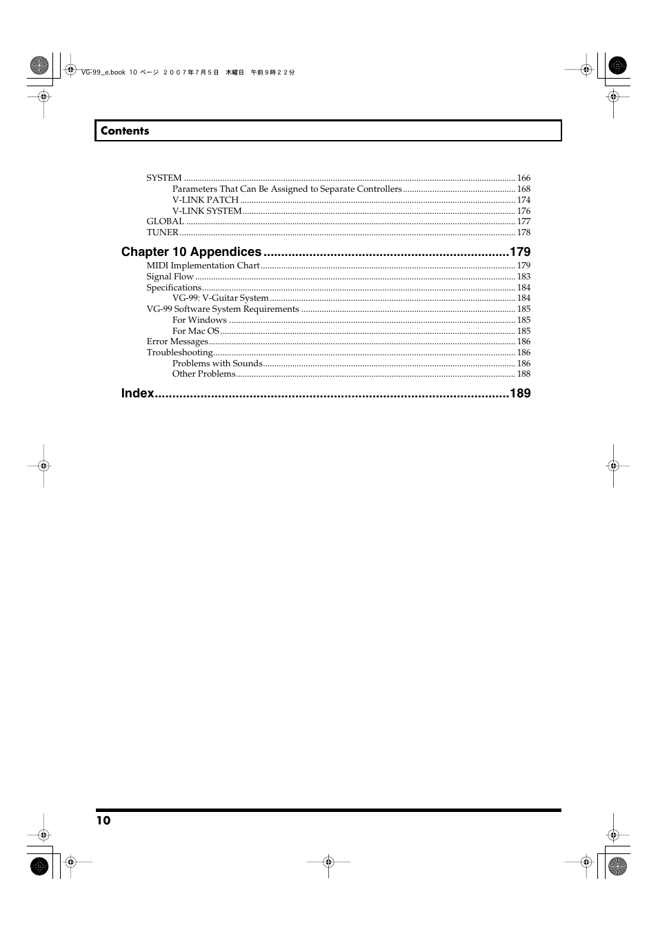 Chapter 10 appendices, Index | Roland VG-99 User Manual | Page 10 / 204