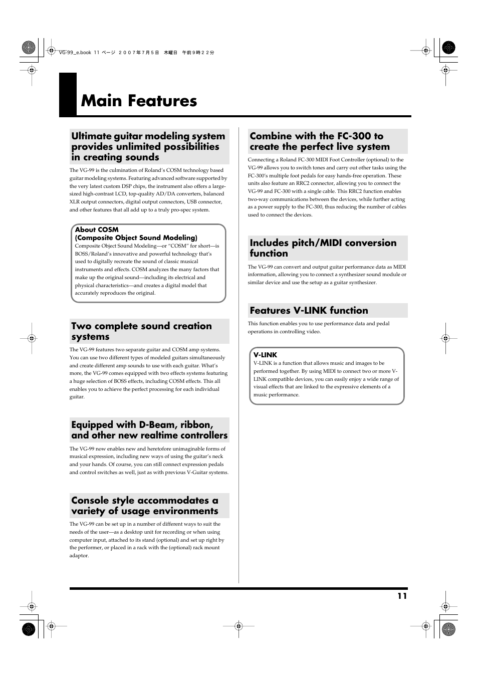Main features, Two complete sound creation systems, Includes pitch/midi conversion function | Features v-link function | Roland VG-99 User Manual | Page 11 / 204