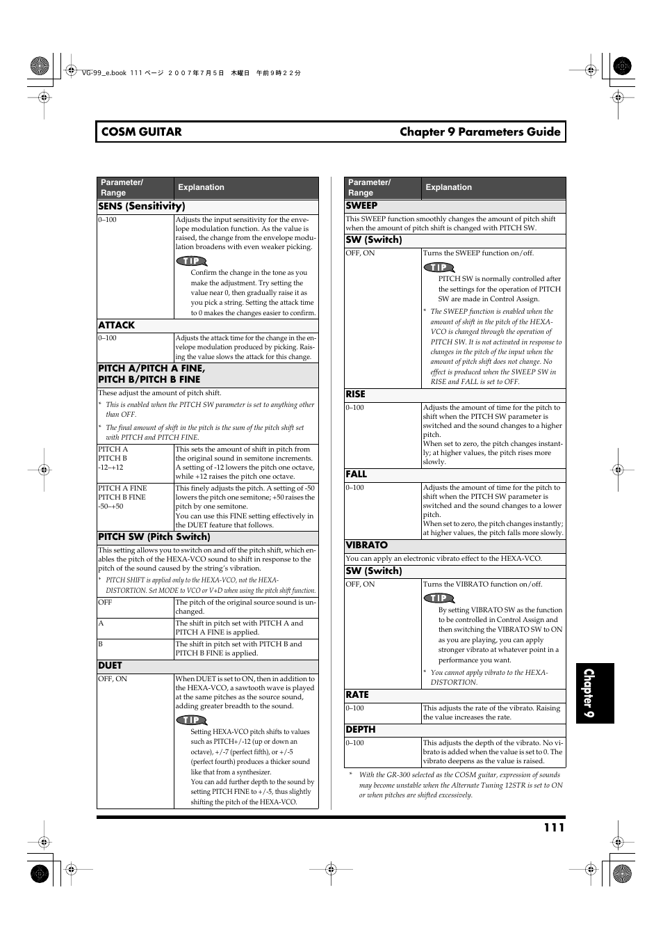 Chapter 9, 111 cosm guitar chapter 9 parameters guide | Roland VG-99 User Manual | Page 111 / 204