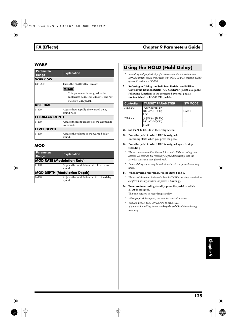 Using the hold (hold delay), For more detail the operation, refer to, Using the hold (hold | Delay), P. 125), Chapter 9, 125 fx (effects) chapter 9 parameters guide, Warp mod | Roland VG-99 User Manual | Page 125 / 204