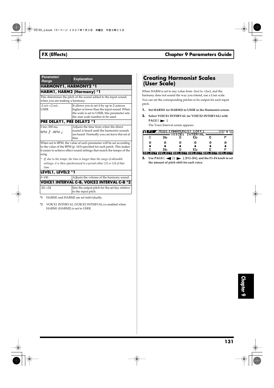 Creating harmonist scales (user scale), Chapter 9, 131 fx (effects) chapter 9 parameters guide | Roland VG-99 User Manual | Page 131 / 204