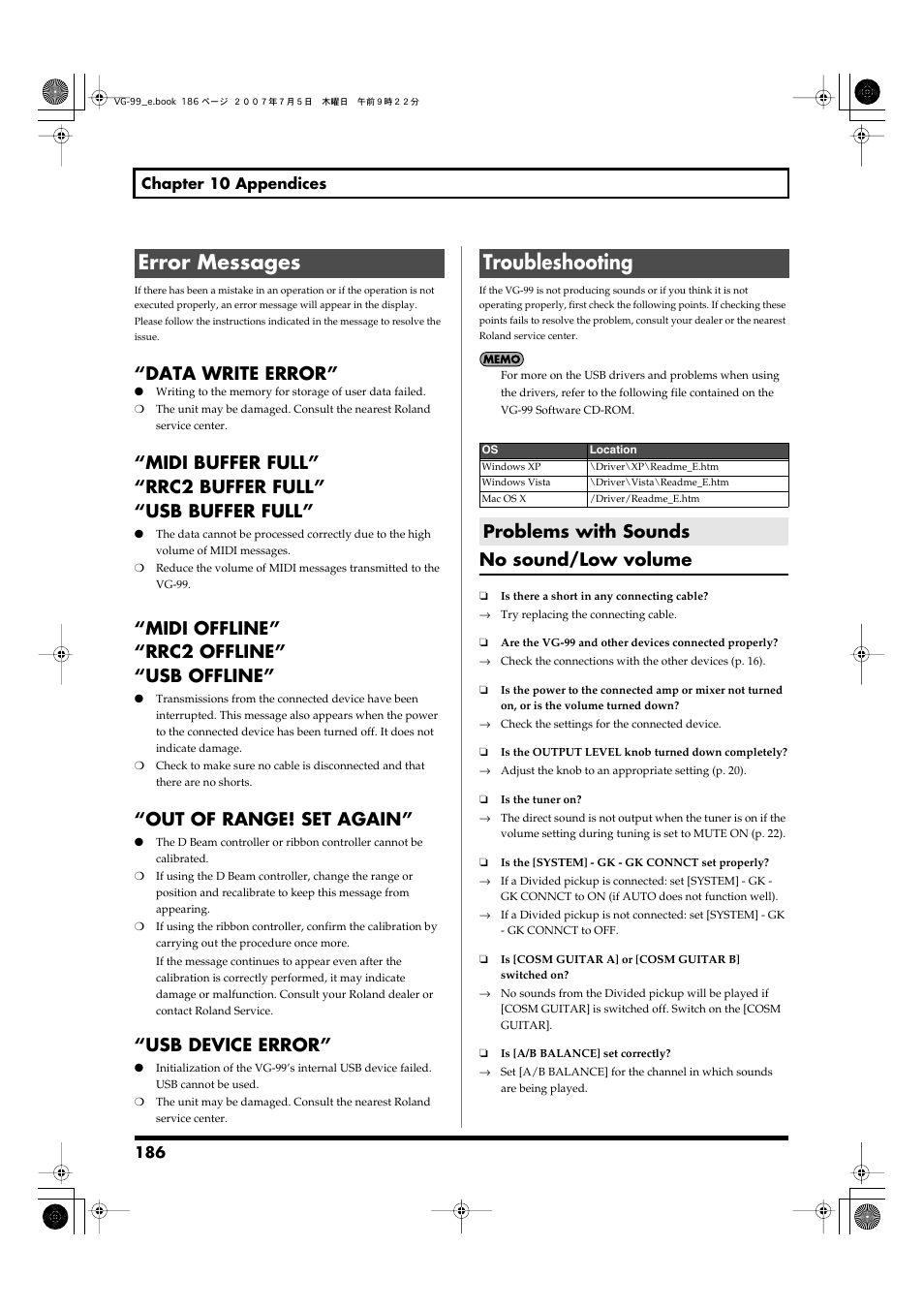 Error messages, Troubleshooting, Problems with sounds | Error messages troubleshooting, Data write error, Midi offline” “rrc2 offline” “usb offline, Out of range! set again, Usb device error, No sound/low volume | Roland VG-99 User Manual | Page 186 / 204