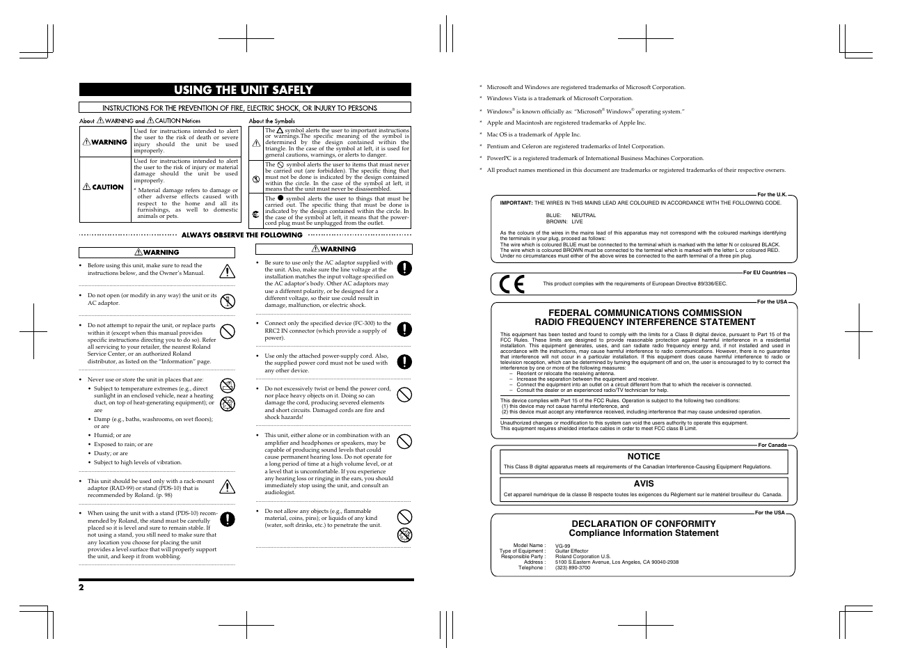 Using the unit safely, Notice avis | Roland VG-99 User Manual | Page 2 / 204