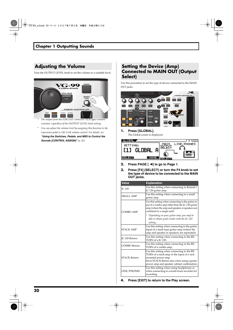 Adjusting the volume, 20 chapter 1 outputting sounds | Roland VG-99 User Manual | Page 20 / 204