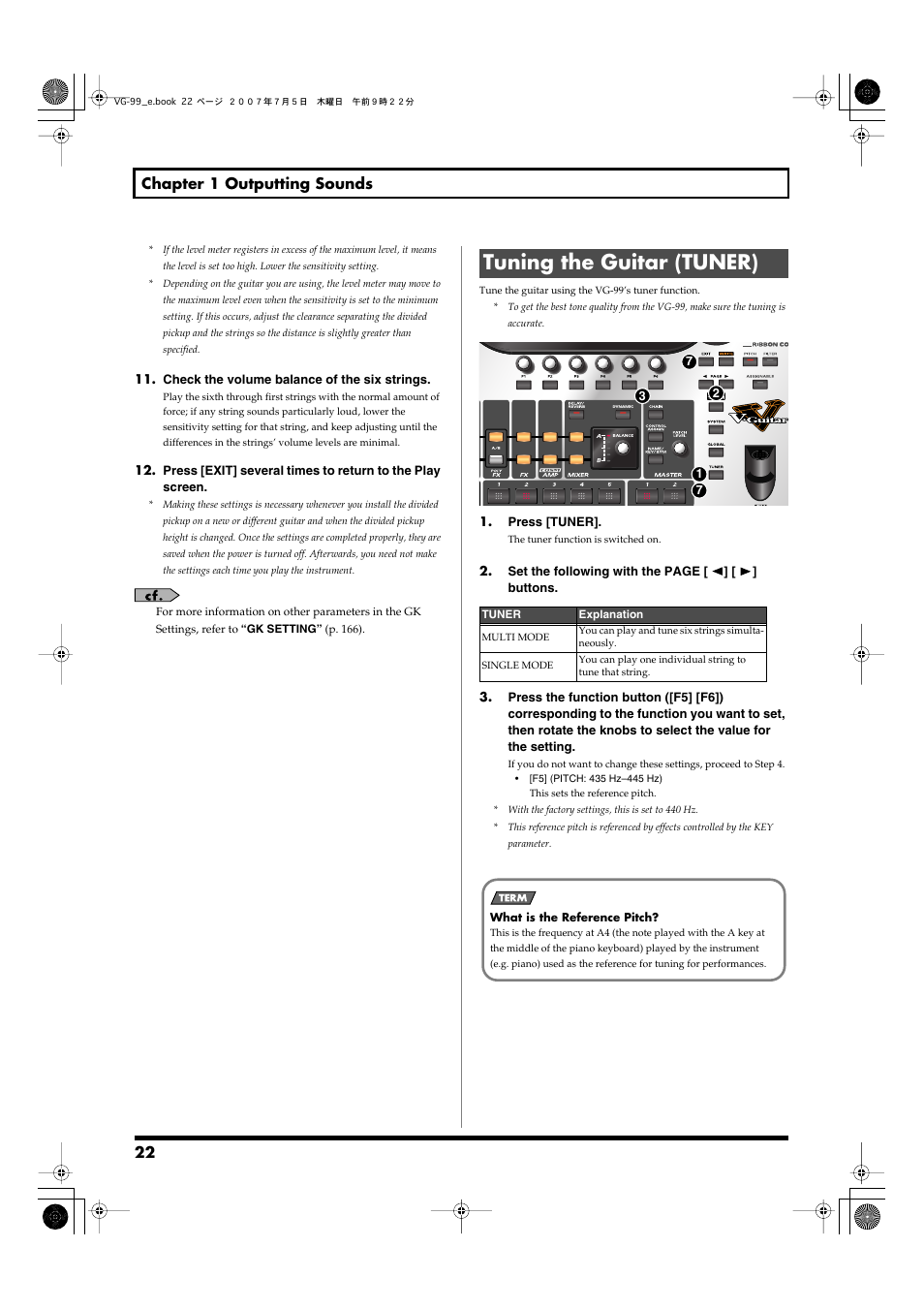 Tuning the guitar (tuner), This turns the tuning function on. (p. 22), 22 chapter 1 outputting sounds | Roland VG-99 User Manual | Page 22 / 204