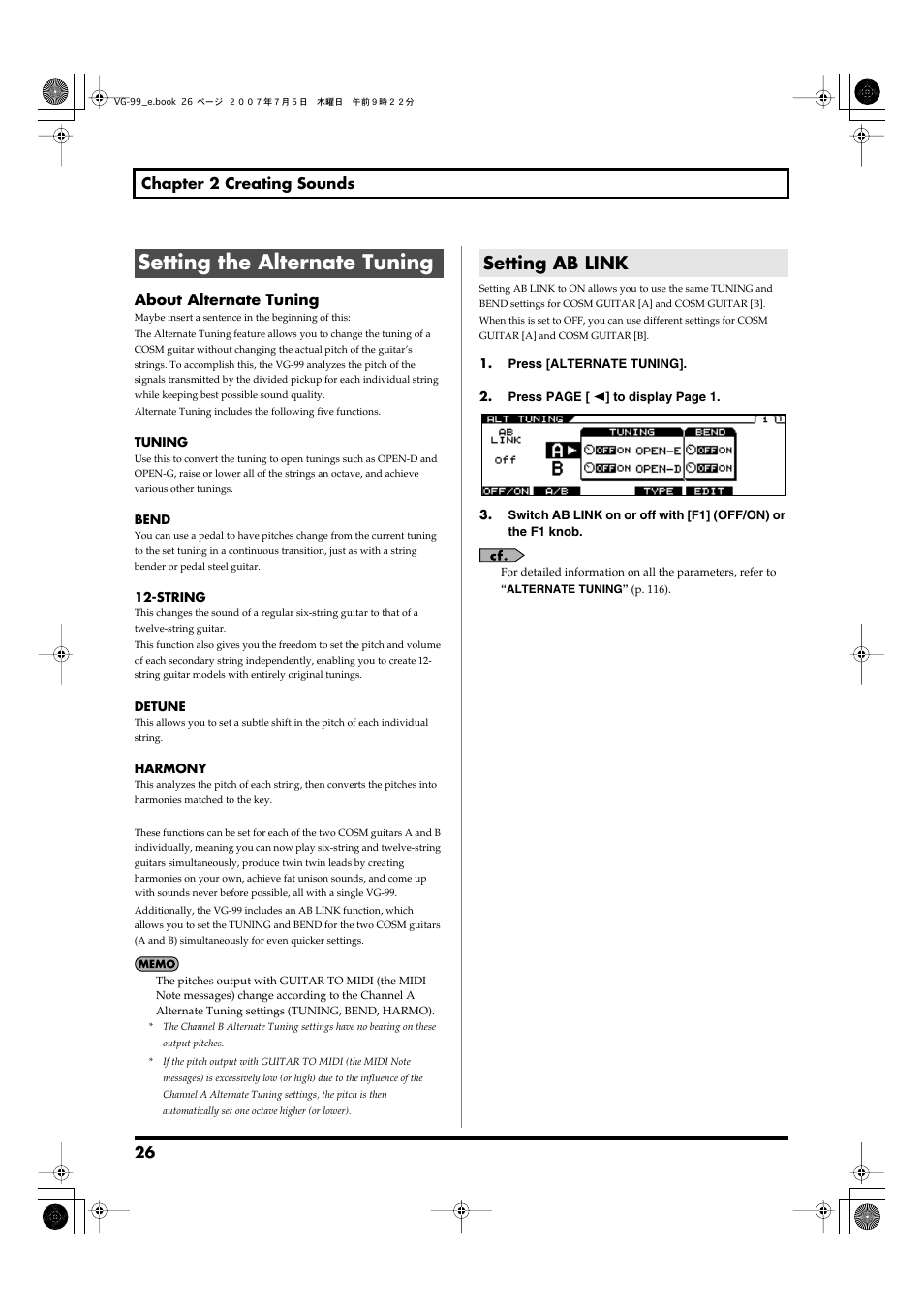 Setting the alternate tuning, Setting ab link, Sets the alternate tuning function. (p. 26) | Roland VG-99 User Manual | Page 26 / 204