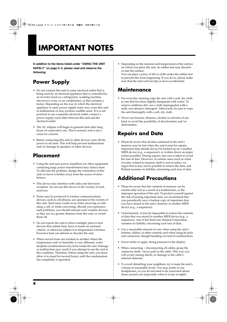 Important notes, Power supply, Placement | Maintenance, Repairs and data, Additional precautions | Roland VG-99 User Manual | Page 4 / 204