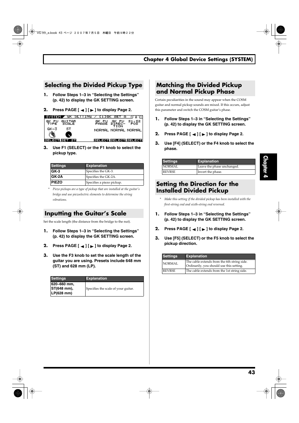 Selecting the divided pickup type, Inputting the guitar’s scale, Chapter 4 | Roland VG-99 User Manual | Page 43 / 204