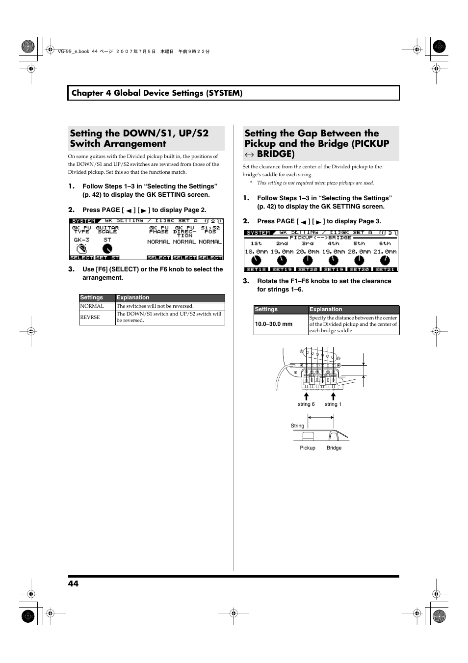 Setting the down/s1, up/s2 switch arrangement | Roland VG-99 User Manual | Page 44 / 204