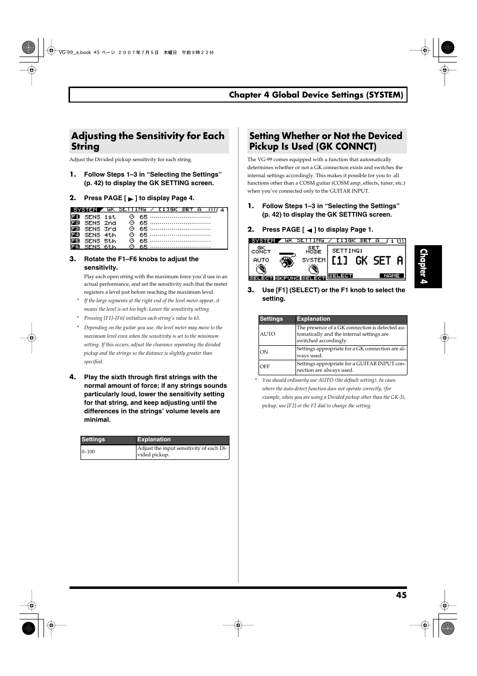 Adjusting the sensitivity for each string, Chapter 4 | Roland VG-99 User Manual | Page 45 / 204
