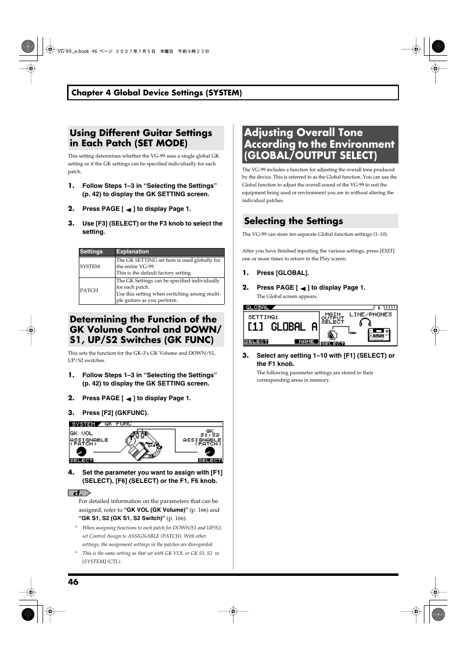 Selecting the settings, Patches). (p. 46), Information, refer to | Using different guitar settings in each, Patch (set mode), P. 46) | Roland VG-99 User Manual | Page 46 / 204