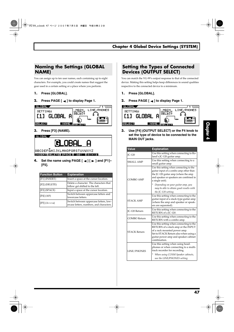 Naming the settings (global name), Chapter 4 | Roland VG-99 User Manual | Page 47 / 204