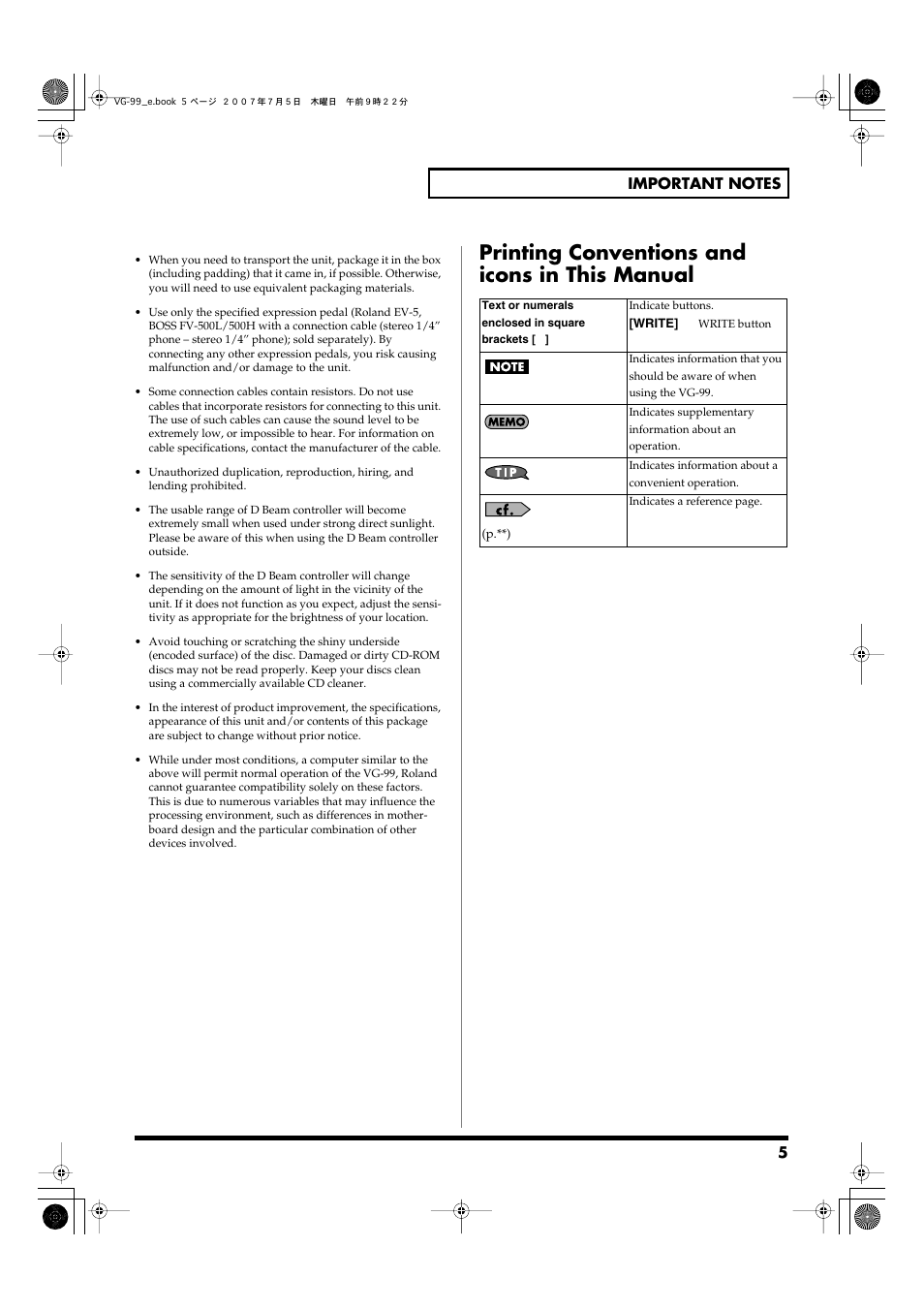 Printing conventions and icons in this manual | Roland VG-99 User Manual | Page 5 / 204