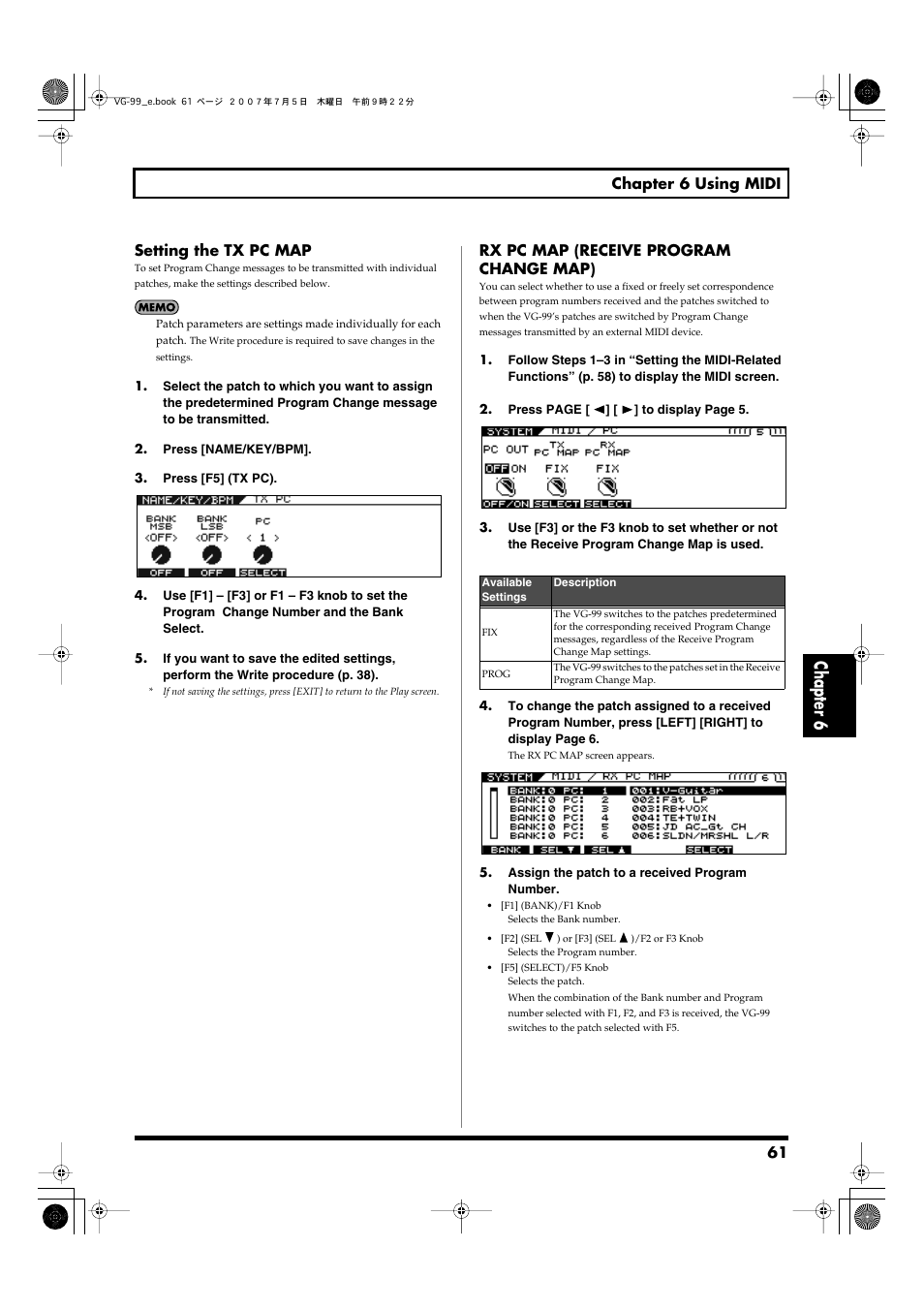 Pc map (receive program change map), Chapter 6 | Roland VG-99 User Manual | Page 61 / 204