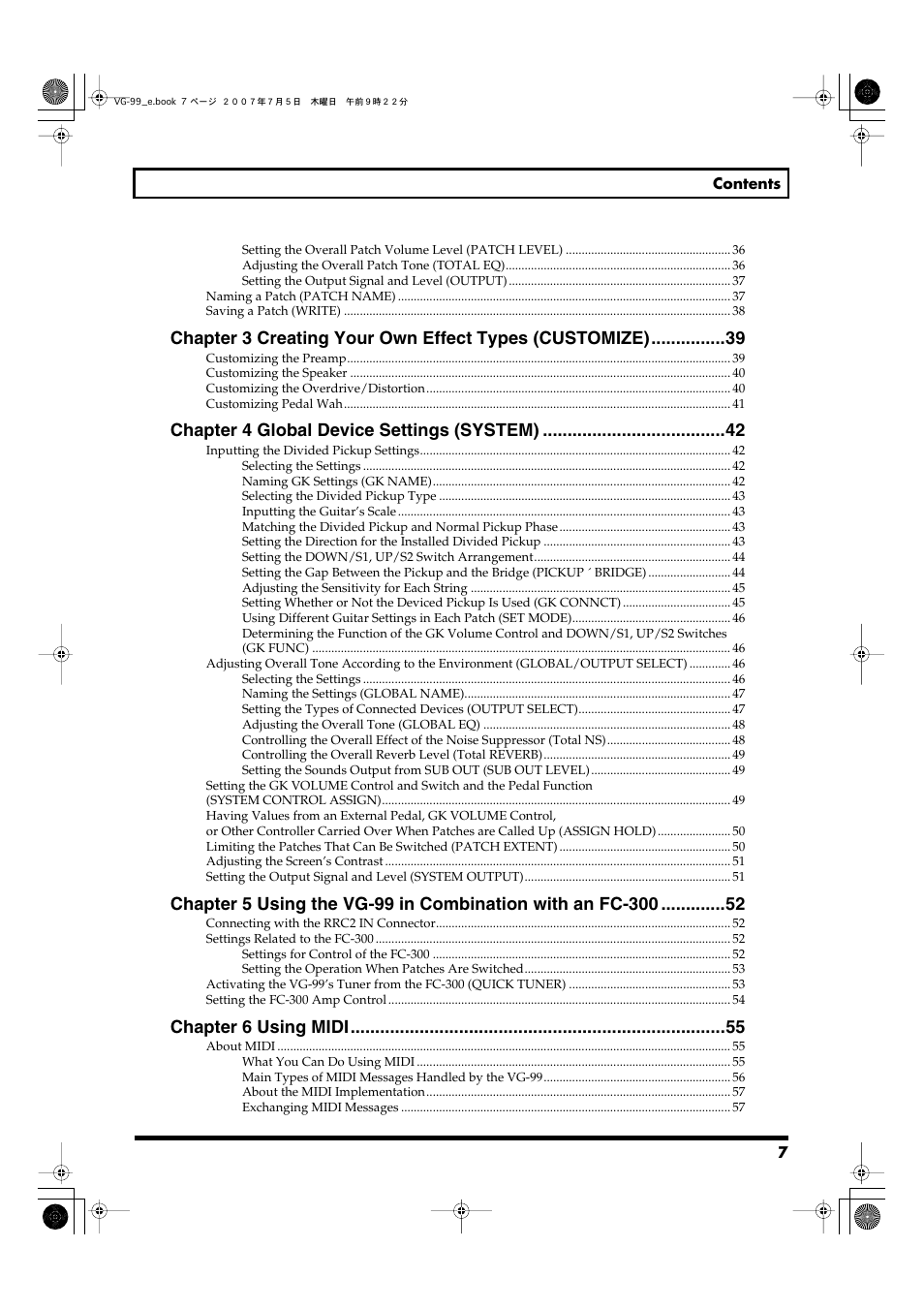 Chapter 4 global device settings (system), Chapter 6 using midi | Roland VG-99 User Manual | Page 7 / 204