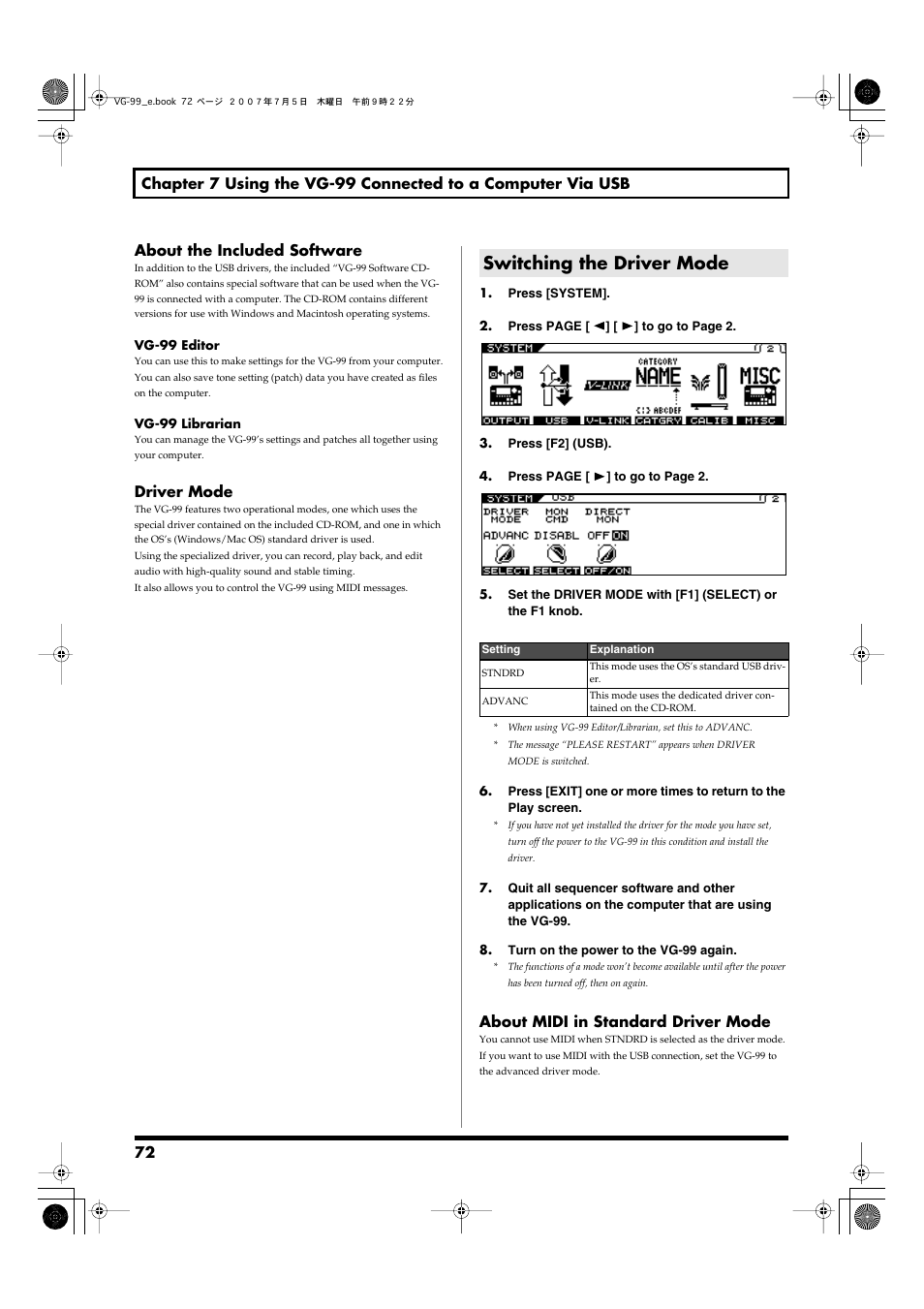 Switching the driver mode | Roland VG-99 User Manual | Page 72 / 204