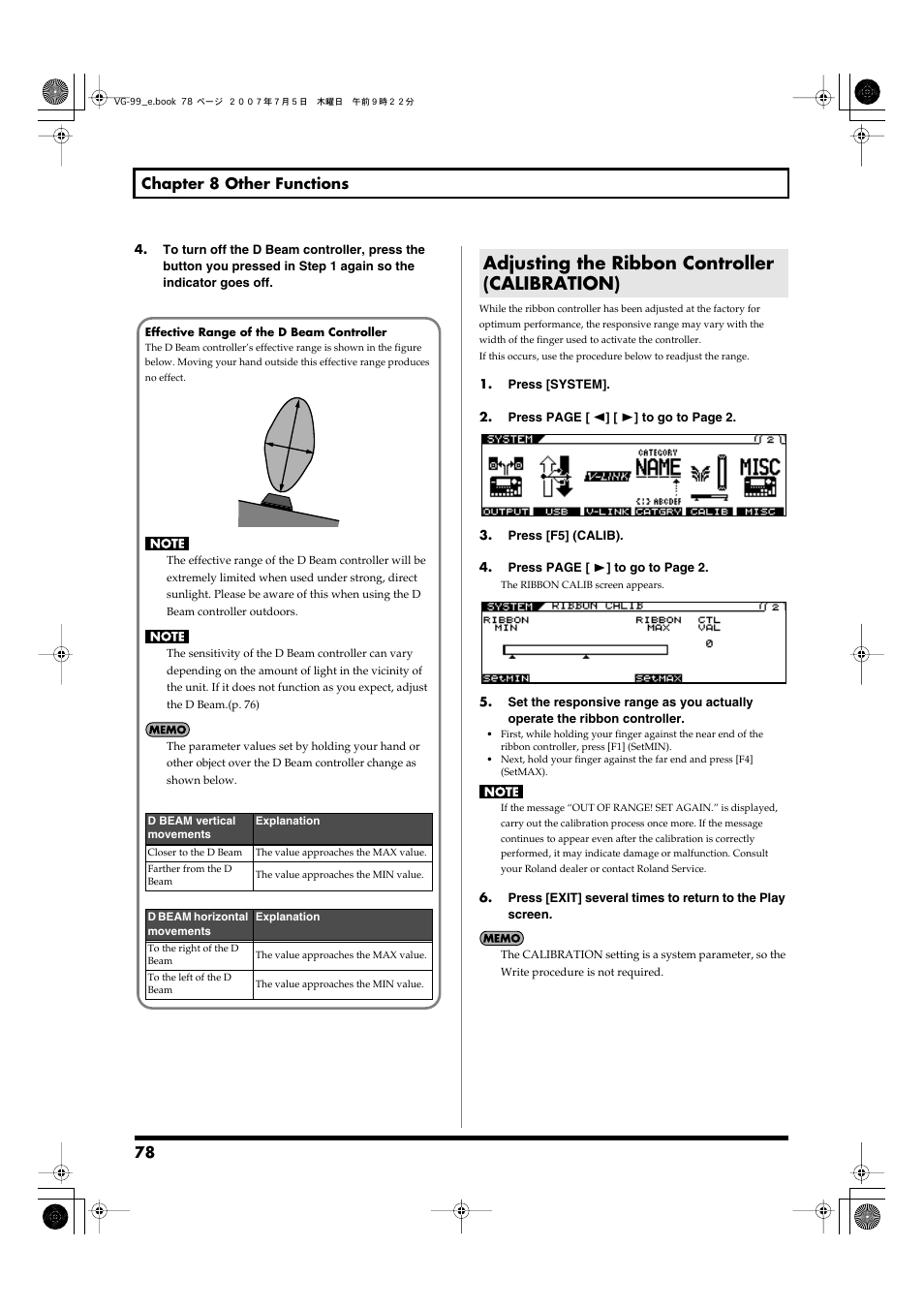 Adjusting the ribbon controller (calibration) | Roland VG-99 User Manual | Page 78 / 204