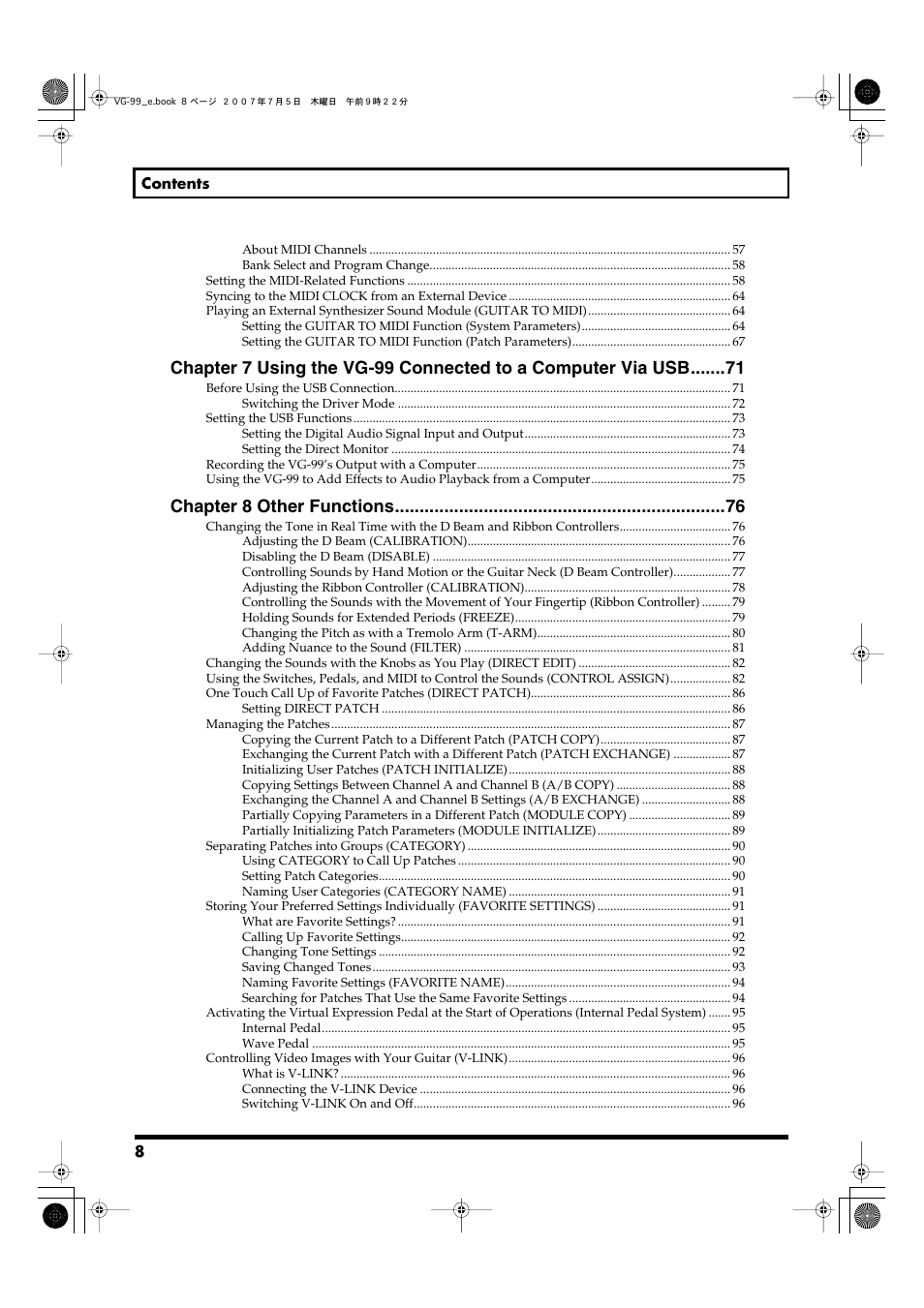 Chapter 8 other functions | Roland VG-99 User Manual | Page 8 / 204