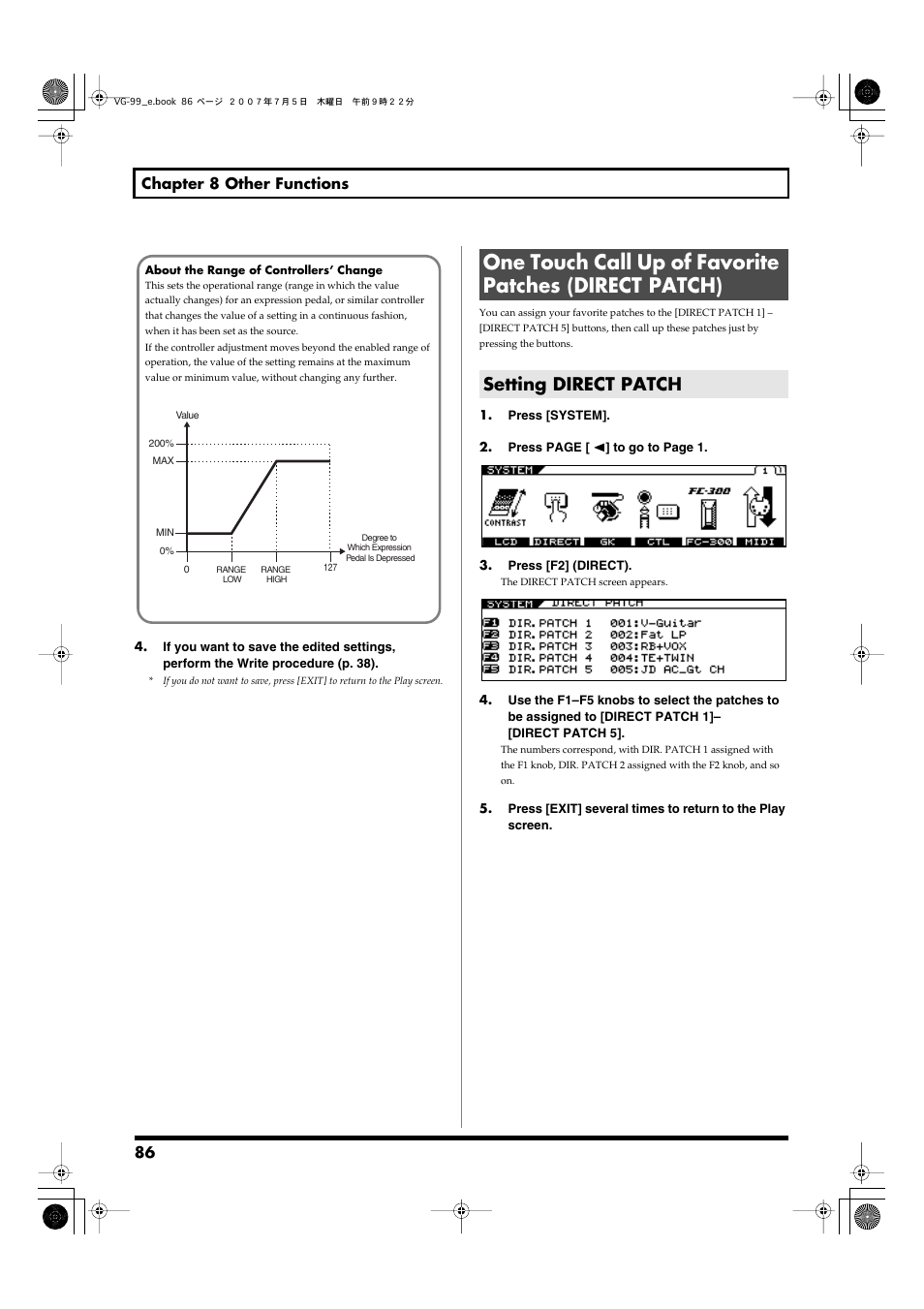 Setting direct patch, Them. (p. 86) | Roland VG-99 User Manual | Page 86 / 204