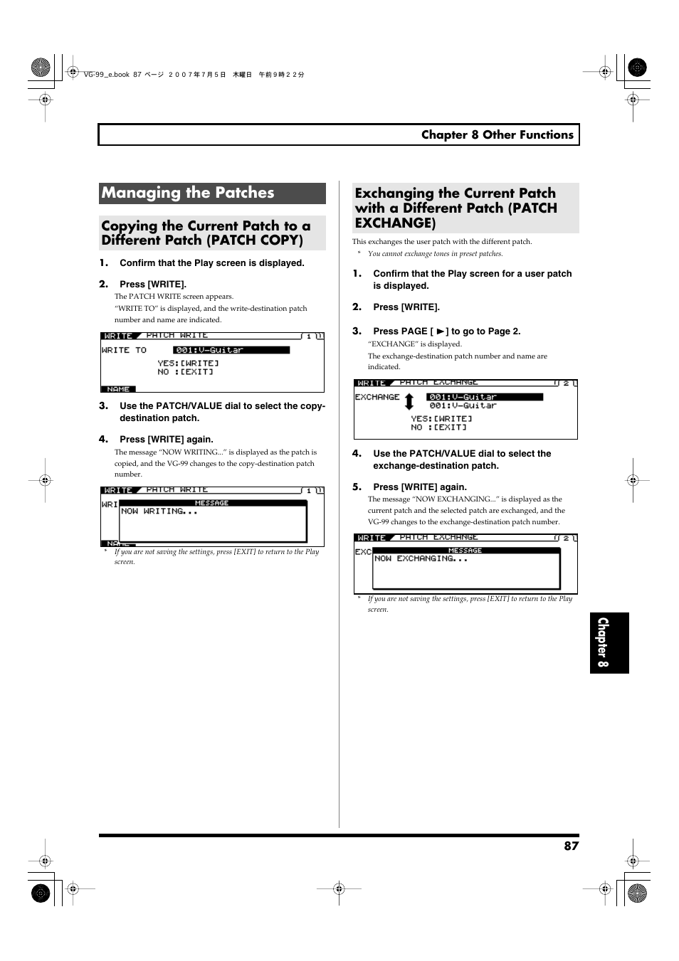 Managing the patches, Chapter 8 | Roland VG-99 User Manual | Page 87 / 204