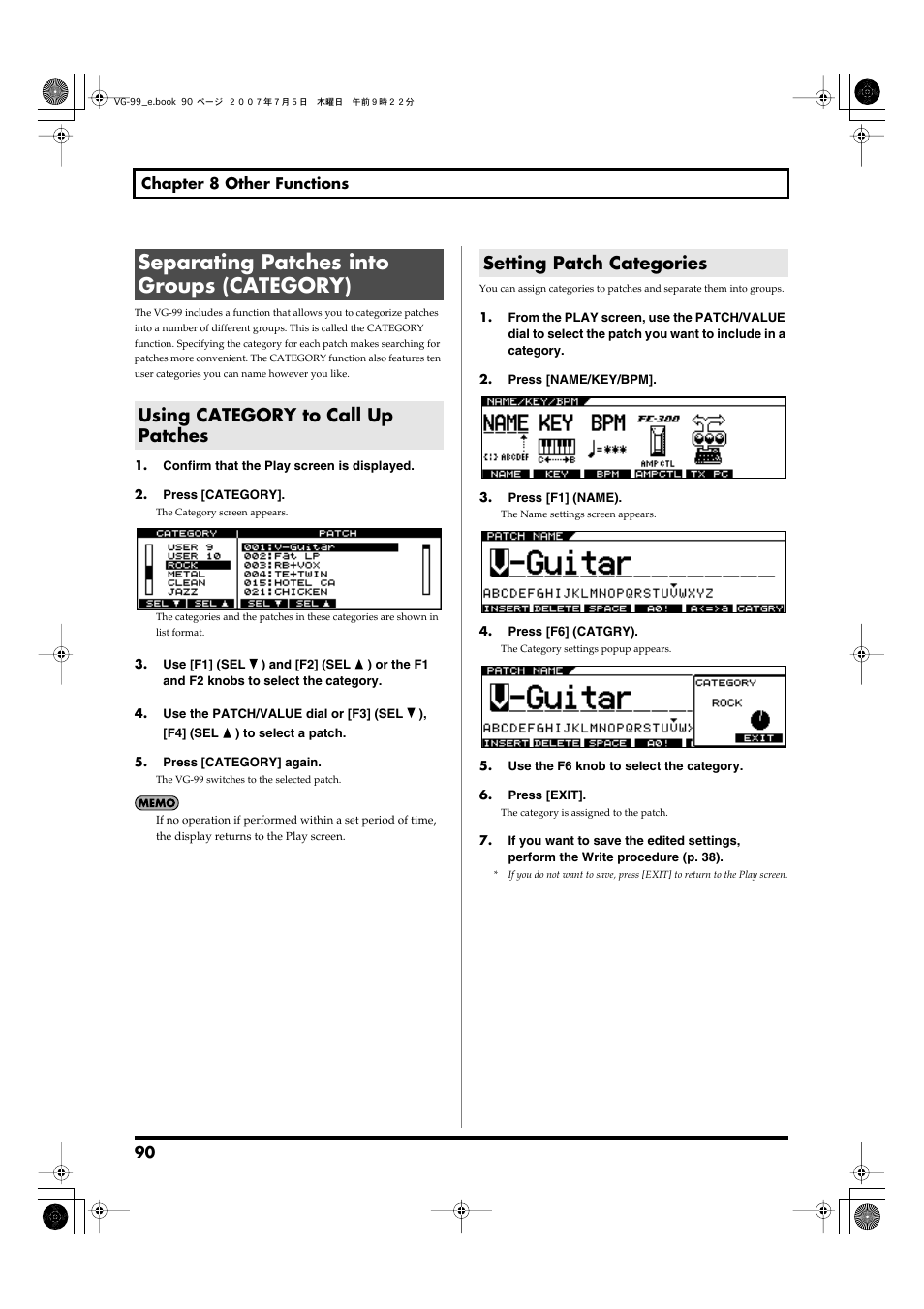 Separating patches into groups (category), Using category to call up patches, Setting patch categories | P. 90) | Roland VG-99 User Manual | Page 90 / 204