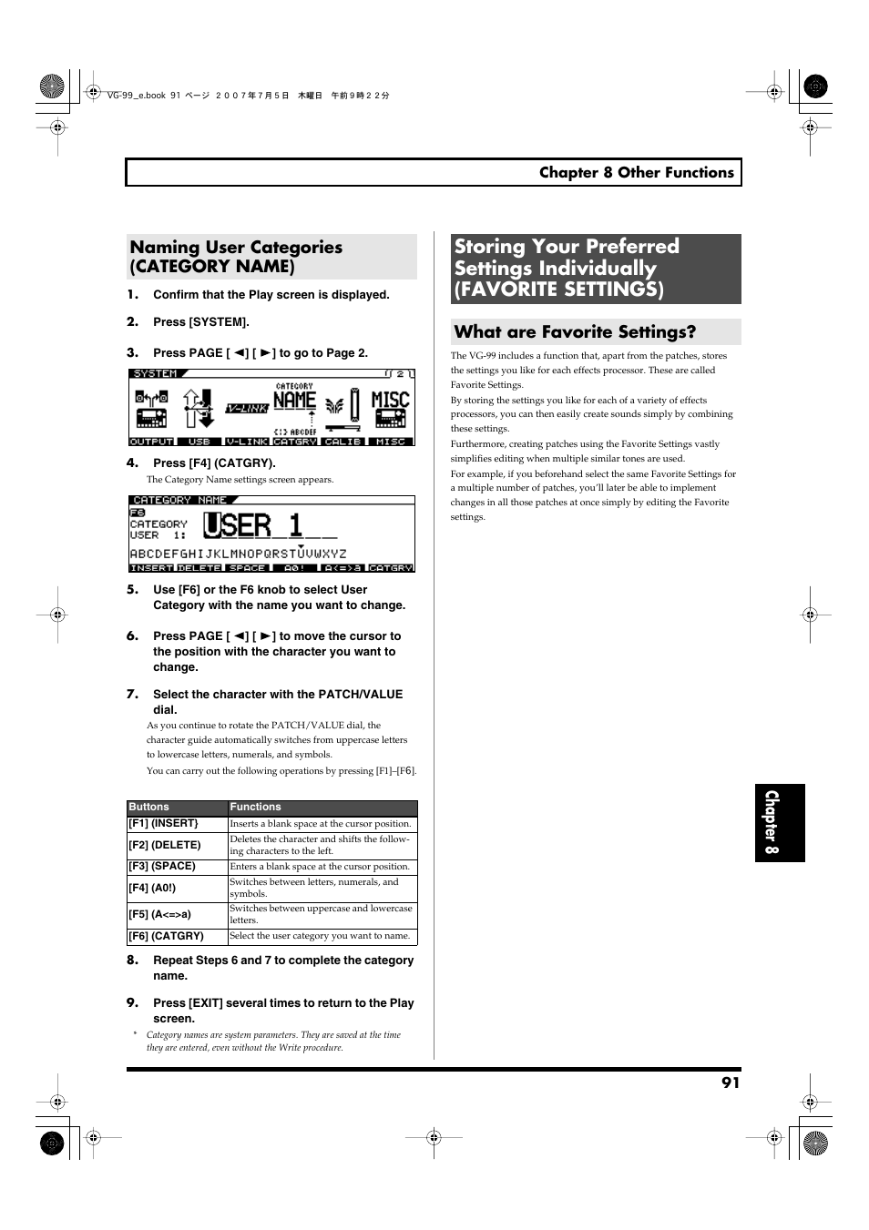 Naming user categories (category name), What are favorite settings, Chapter 8 | Roland VG-99 User Manual | Page 91 / 204