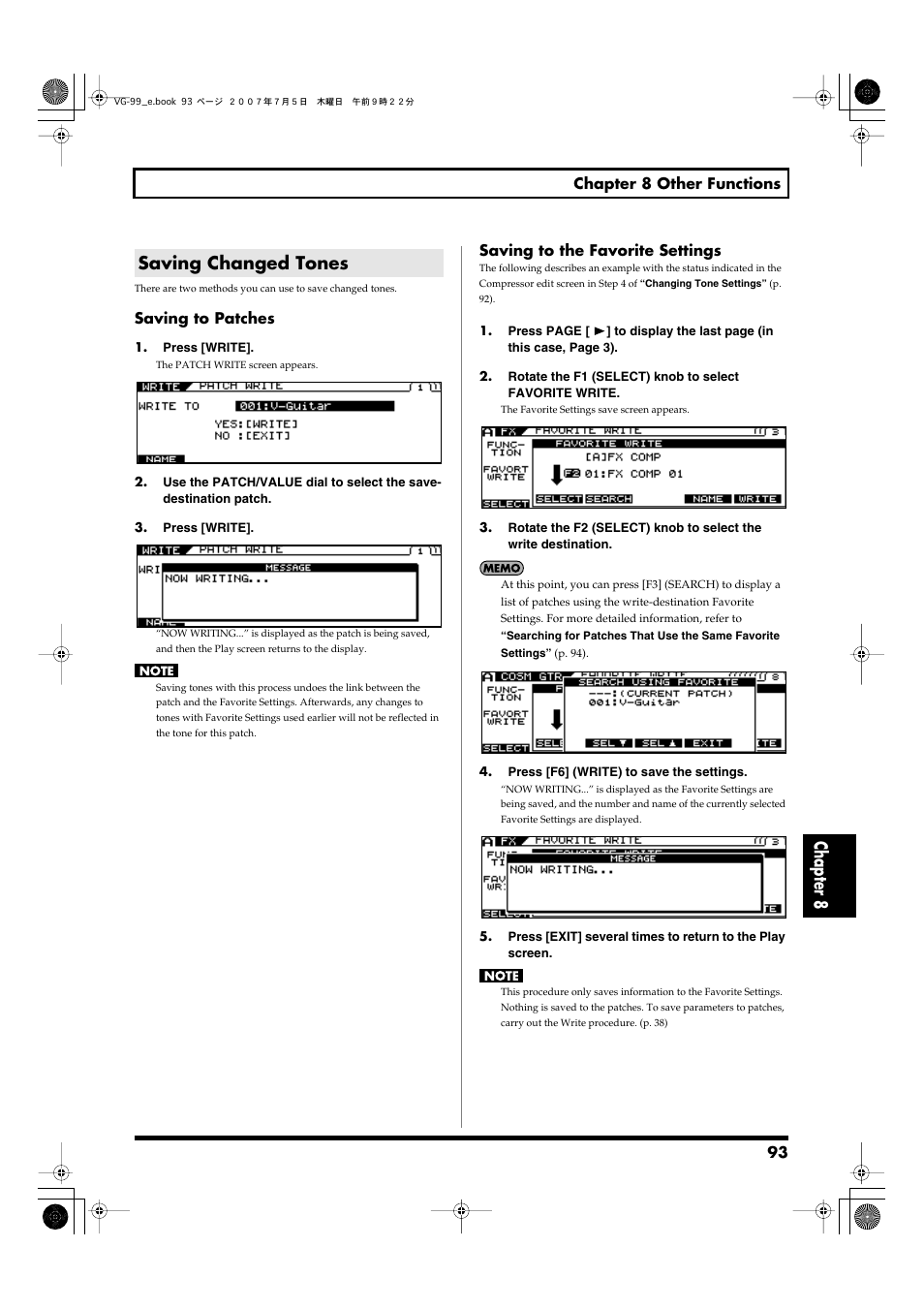 Saving changed tones, Chapter 8 | Roland VG-99 User Manual | Page 93 / 204