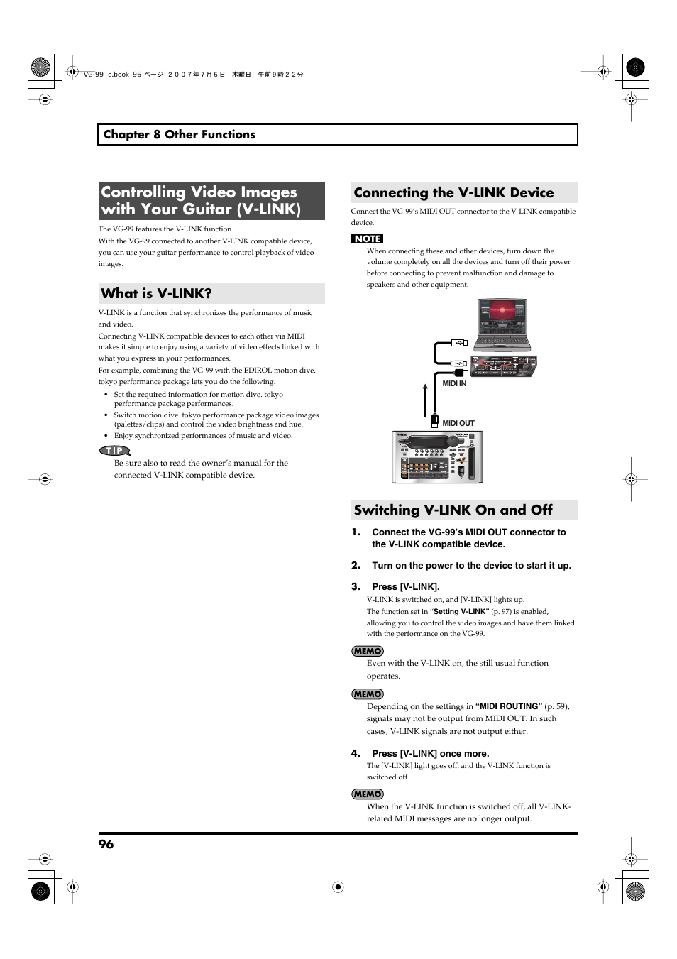 Controlling video images with your guitar (v-link), What is v-link, Connecting the v-link device | Switching v-link on and off, Function, and refer to, Controlling video images with your guitar, V-link), P. 96) if you are using the v-link function | Roland VG-99 User Manual | Page 96 / 204