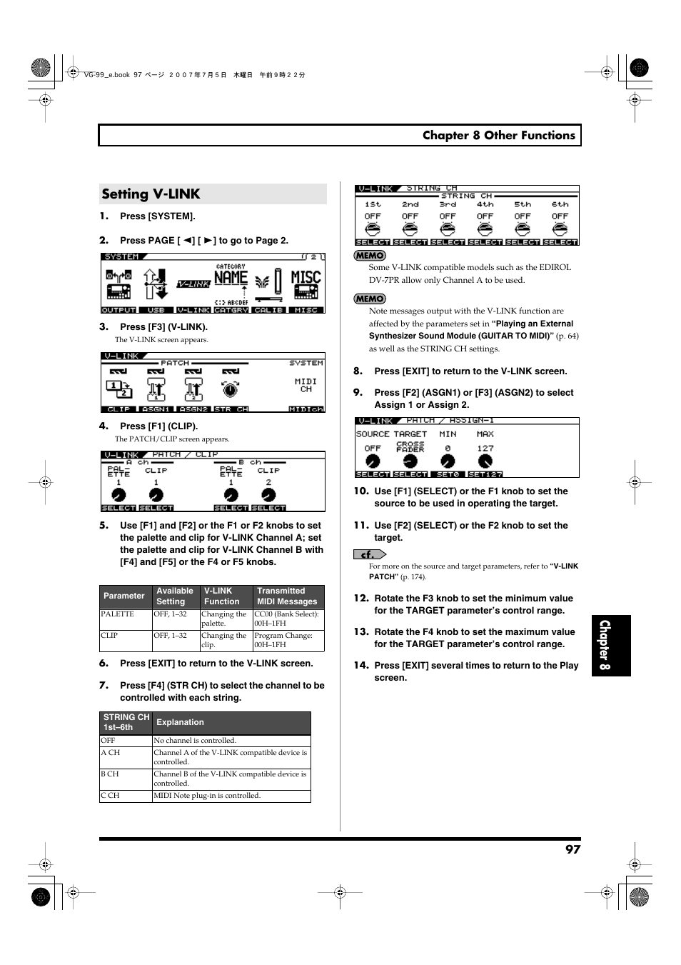 Setting v-link, P. 97) is enabled, Chapter 8 | Roland VG-99 User Manual | Page 97 / 204