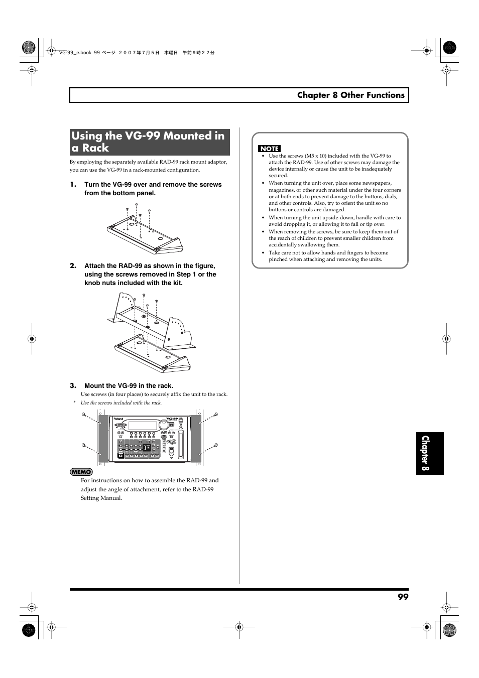 Using the vg-99 mounted in a rack, Chapter 8 | Roland VG-99 User Manual | Page 99 / 204