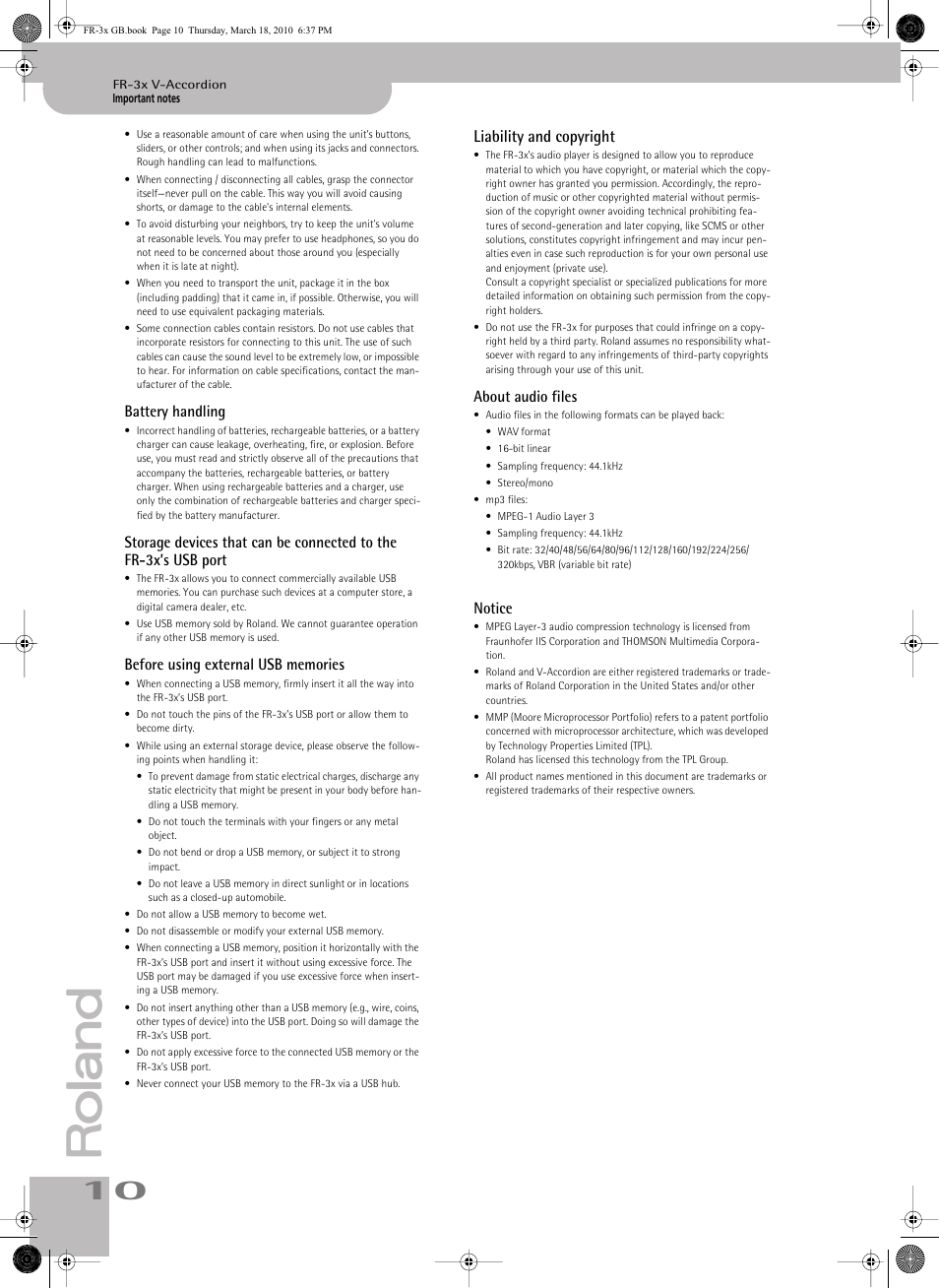 Liability and copyright | Roland FR-3x User Manual | Page 10 / 80