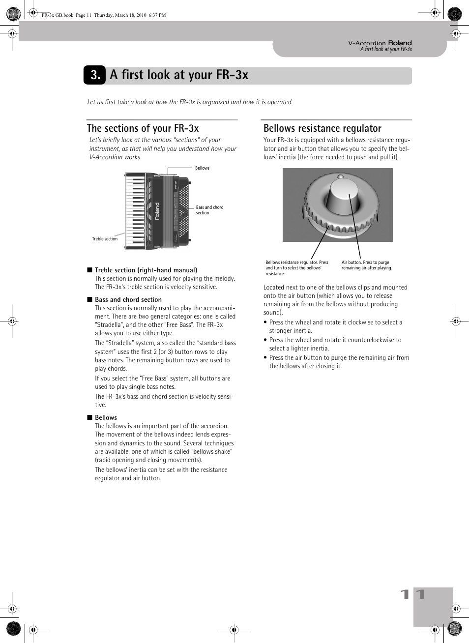 A first look at your fr3x, The sections of your fr3x, Bellows resistance regulator | A first look at your fr-3x, 11 3. a first look at your fr-3x | Roland FR-3x User Manual | Page 11 / 80