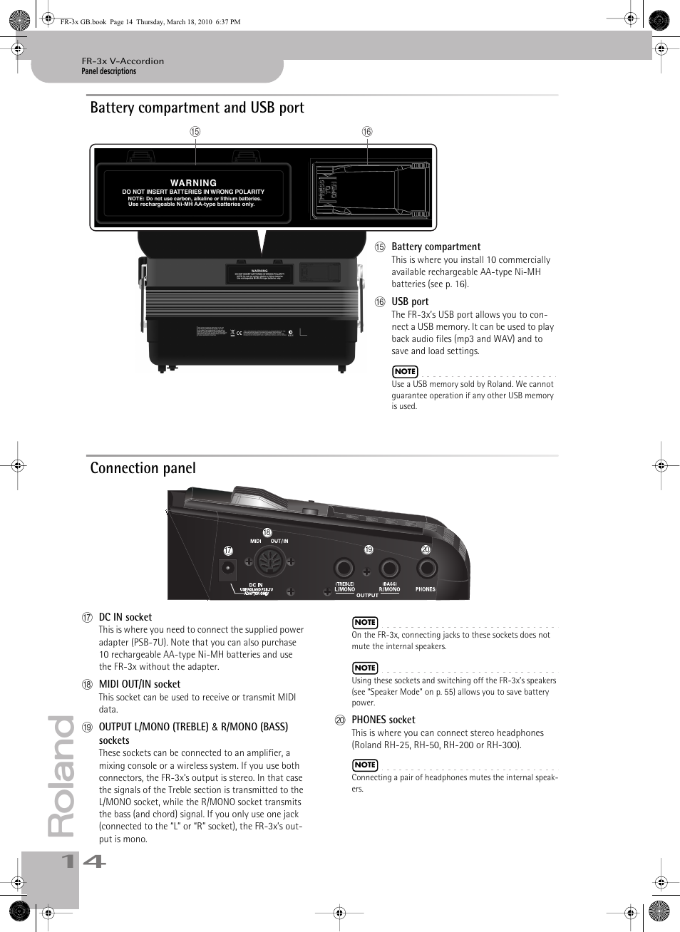Battery compartment and usb port connection panel | Roland FR-3x User Manual | Page 14 / 80