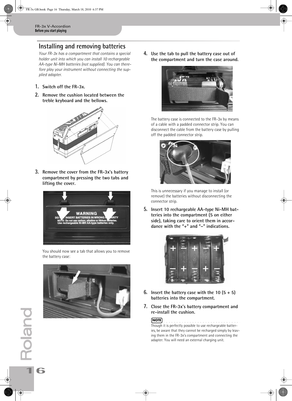 Installing and removing batteries | Roland FR-3x User Manual | Page 16 / 80