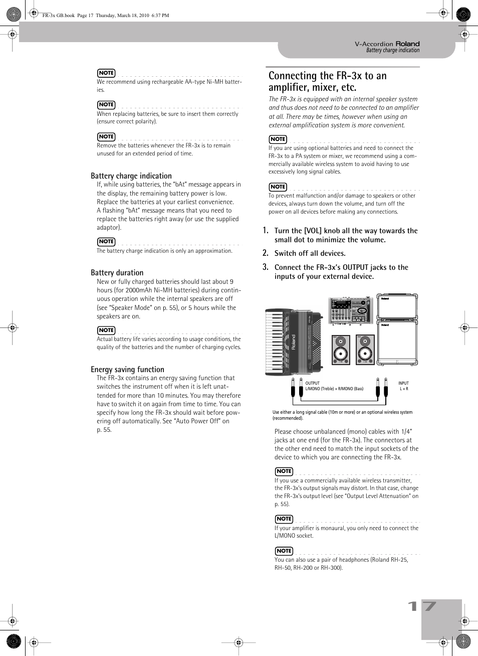 Battery charge indication, Battery duration, Energy saving function | Connecting the fr3x to an amplifier, mixer, etc, Connecting the fr-3x to an amplifier, mixer, etc | Roland FR-3x User Manual | Page 17 / 80