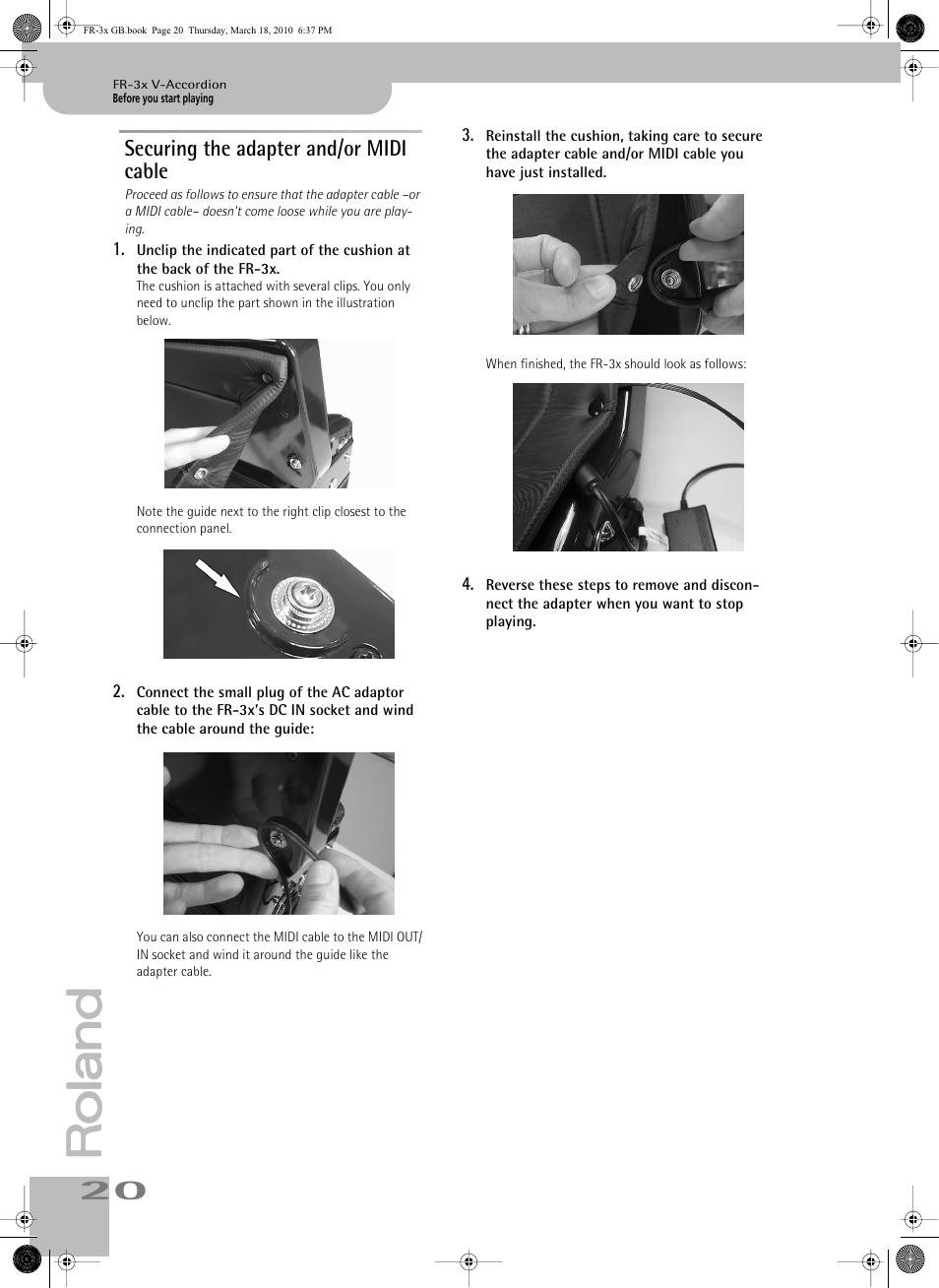 Securing the adapter and/or midi cable | Roland FR-3x User Manual | Page 20 / 80