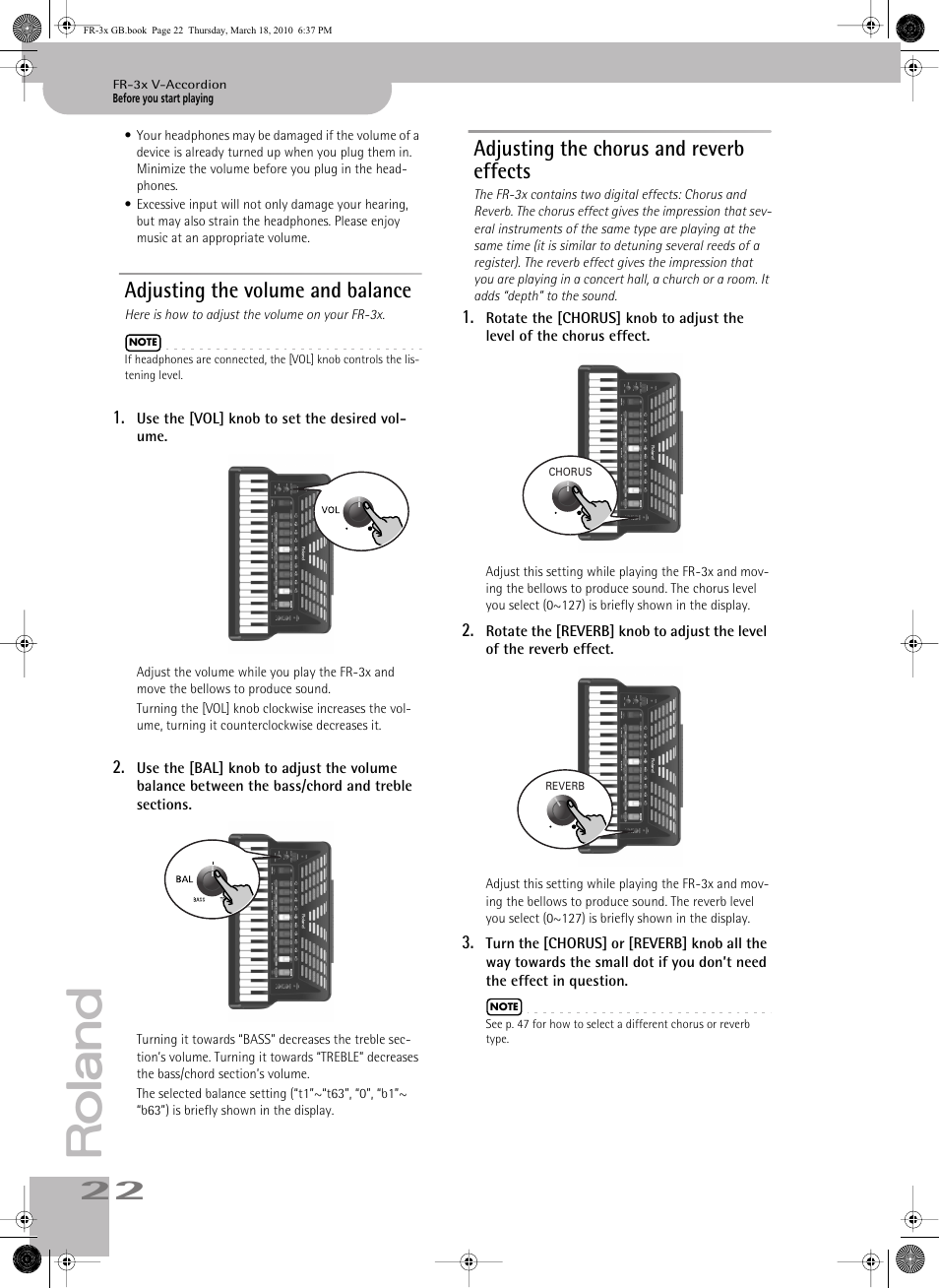 Adjusting the volume and balance, Adjusting the chorus and reverb effects | Roland FR-3x User Manual | Page 22 / 80