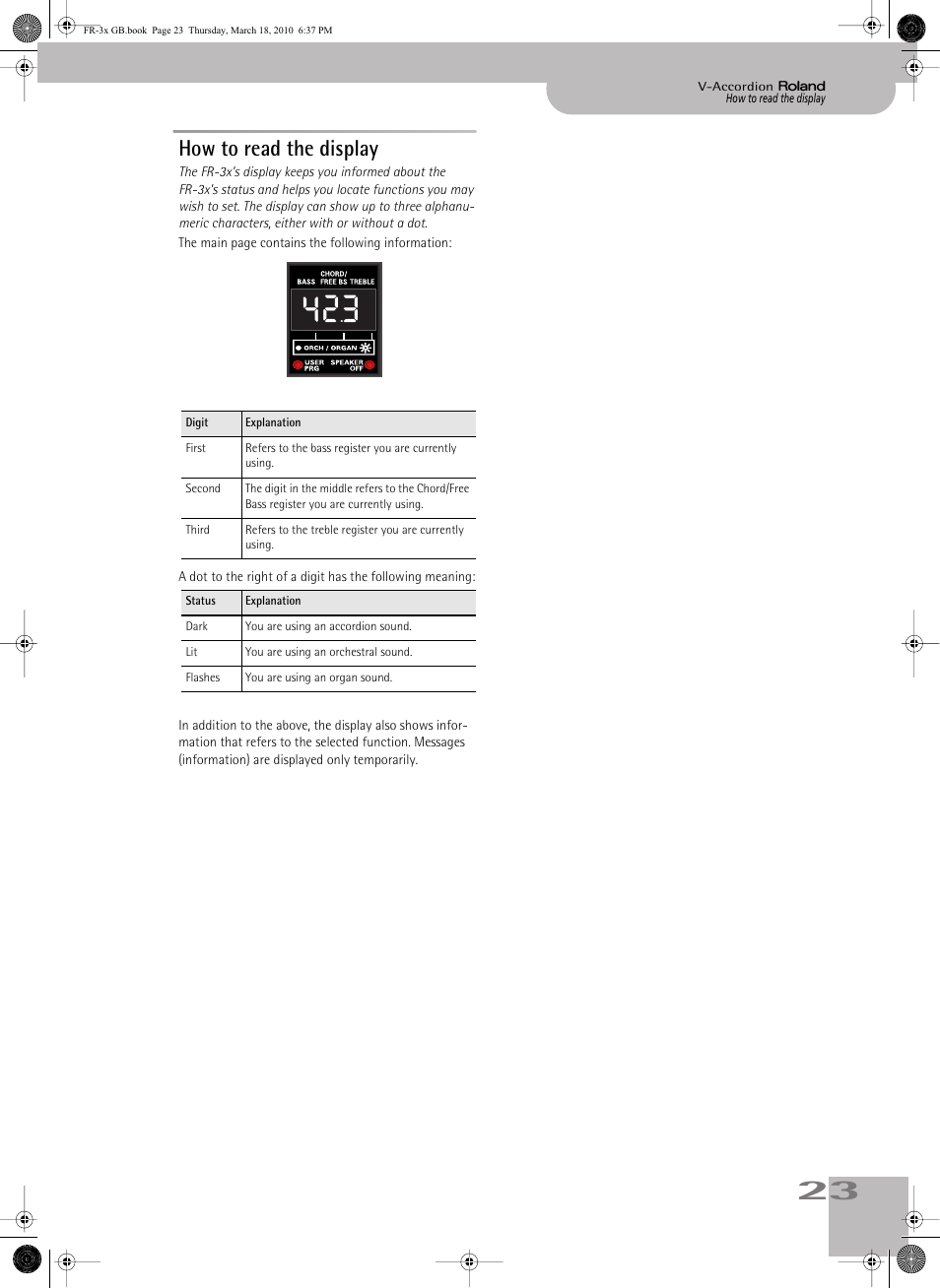 How to read the display | Roland FR-3x User Manual | Page 23 / 80