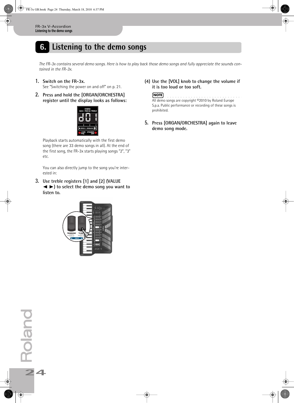 Listening to the demo songs | Roland FR-3x User Manual | Page 24 / 80