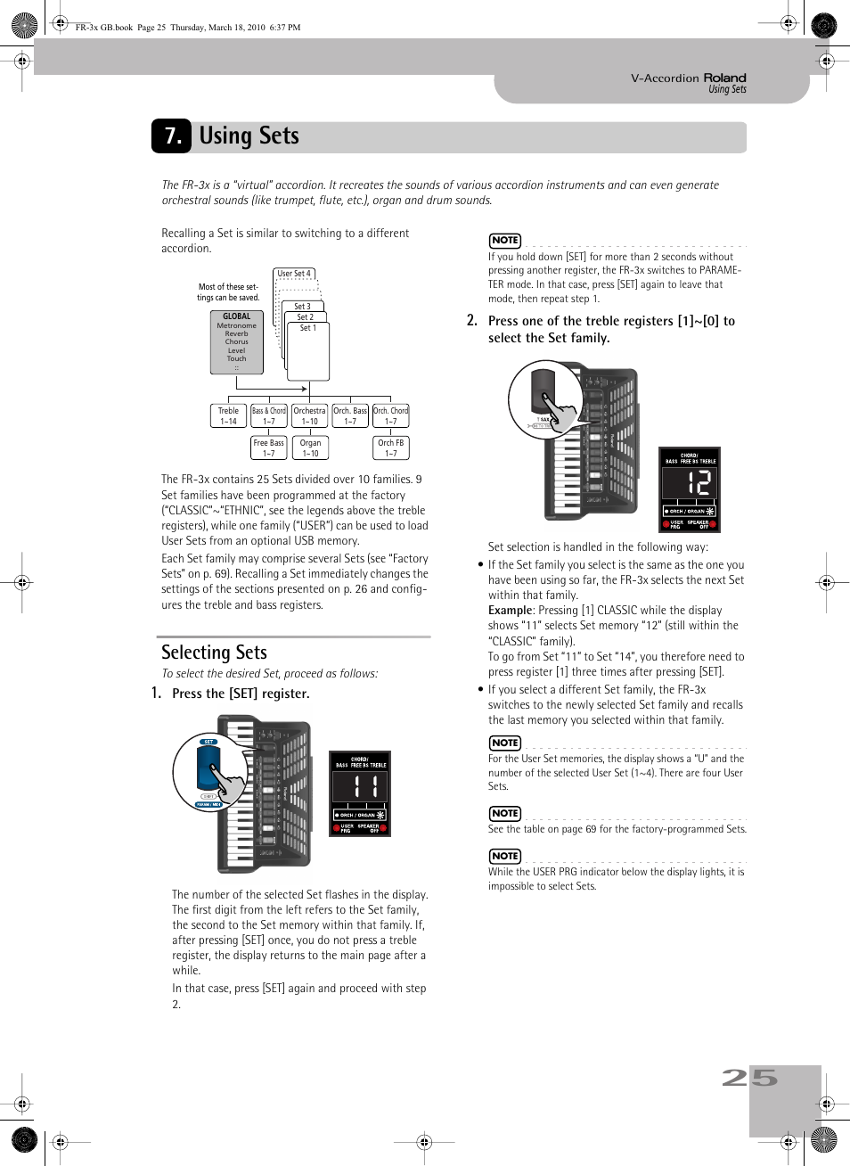 Using sets, Selecting sets, 25 7. using sets | Roland FR-3x User Manual | Page 25 / 80