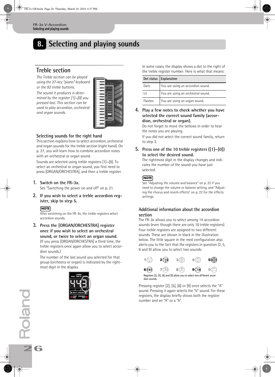 Selecting and playing sounds, Treble section, Selecting sounds for the right hand | Additional information about the accordion section | Roland FR-3x User Manual | Page 26 / 80