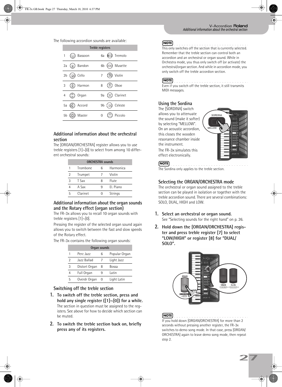 Switching off the treble section, Using the sordina, Selecting the organ/orchestra mode | Roland FR-3x User Manual | Page 27 / 80