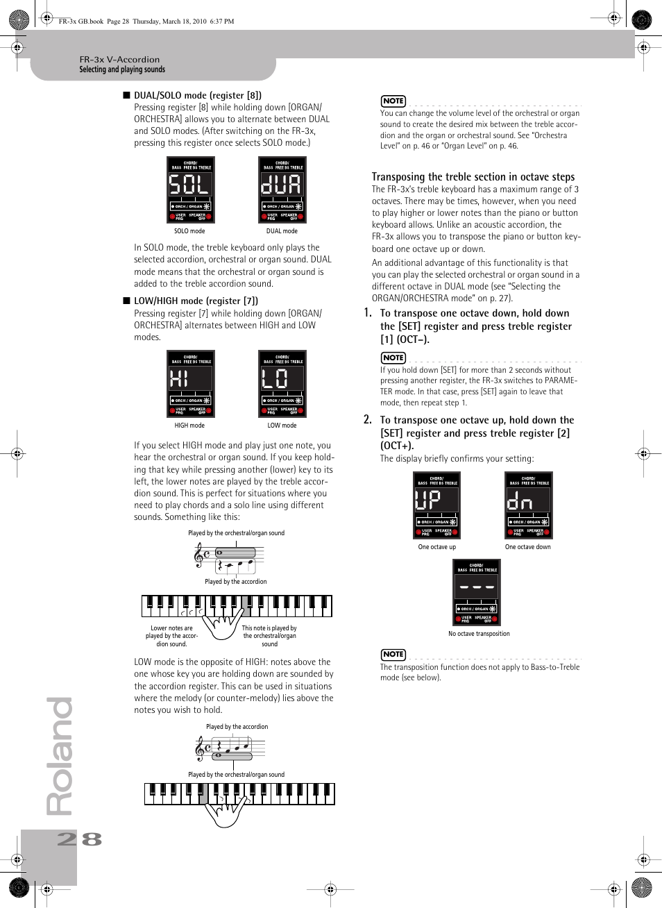 Transposing the treble section in octave steps, Sol dva, Hi lo | Up dn | Roland FR-3x User Manual | Page 28 / 80