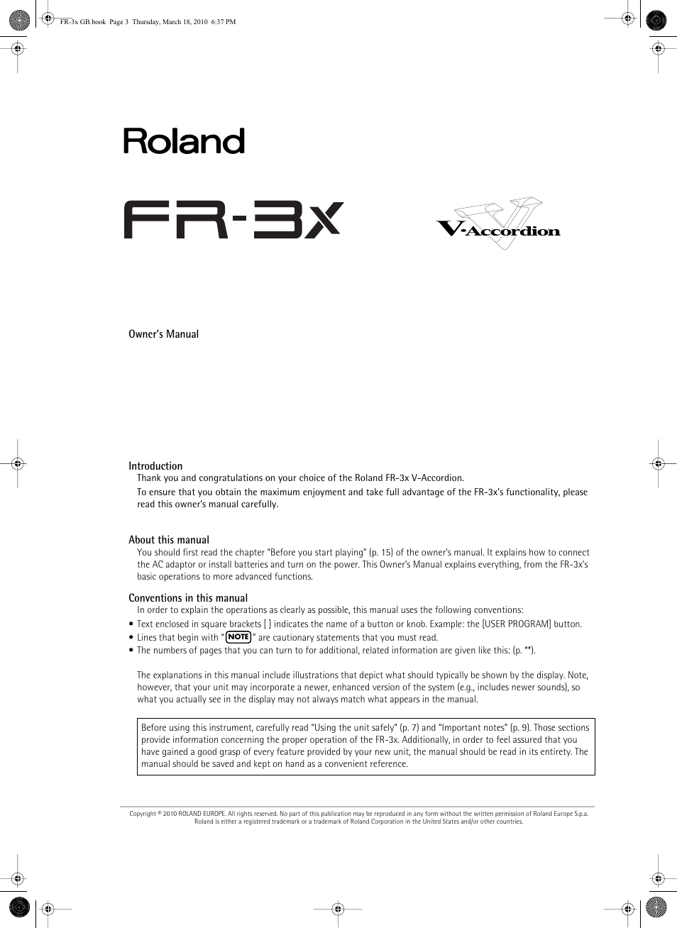 Introduction, About this manual, Conventions in this manual | Roland FR-3x User Manual | Page 3 / 80