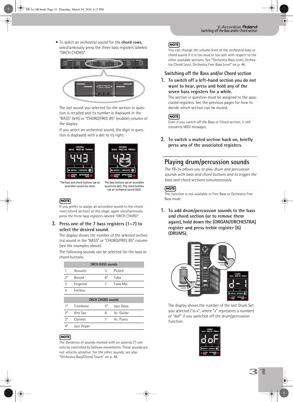 Switching off the bass and/or chord section, Playing drum/percussion sounds, D-1 dof | Roland FR-3x User Manual | Page 31 / 80