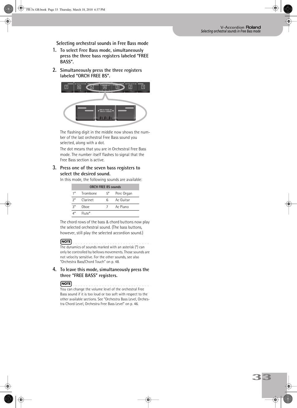 Selecting orchestral sounds in free bass mode | Roland FR-3x User Manual | Page 33 / 80