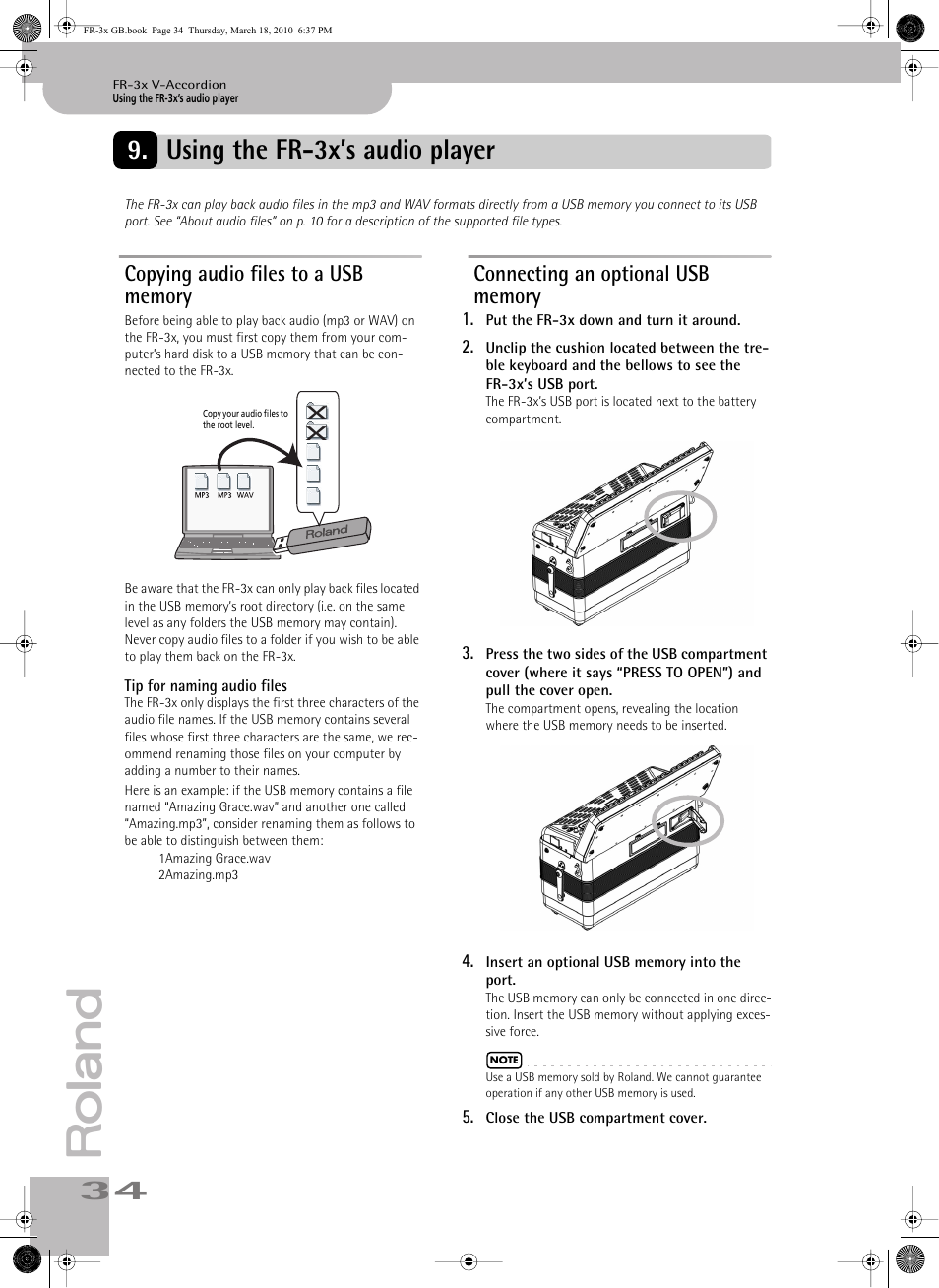 Using the fr3x’s audio player, Copying audio files to a usb memory, Tip for naming audio files | Connecting an optional usb memory, Using the fr-3x’s audio player | Roland FR-3x User Manual | Page 34 / 80