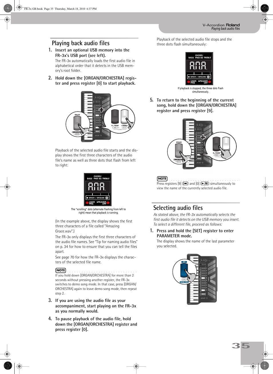 Playing back audio files, Selecting audio files, Playing back audio files selecting audio files | Roland FR-3x User Manual | Page 35 / 80