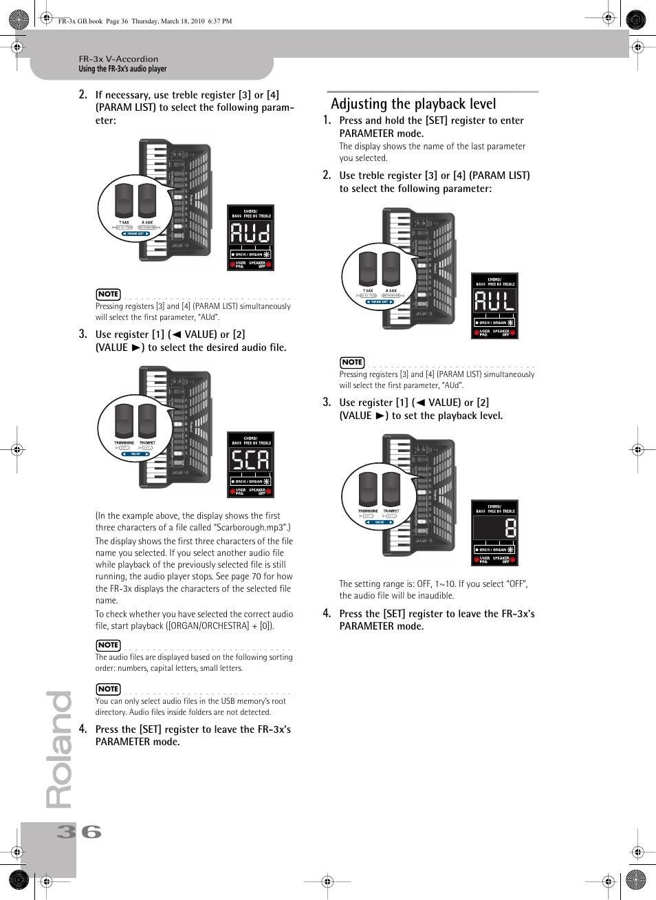 Adjusting the playback level, Aud sca aul 8 | Roland FR-3x User Manual | Page 36 / 80