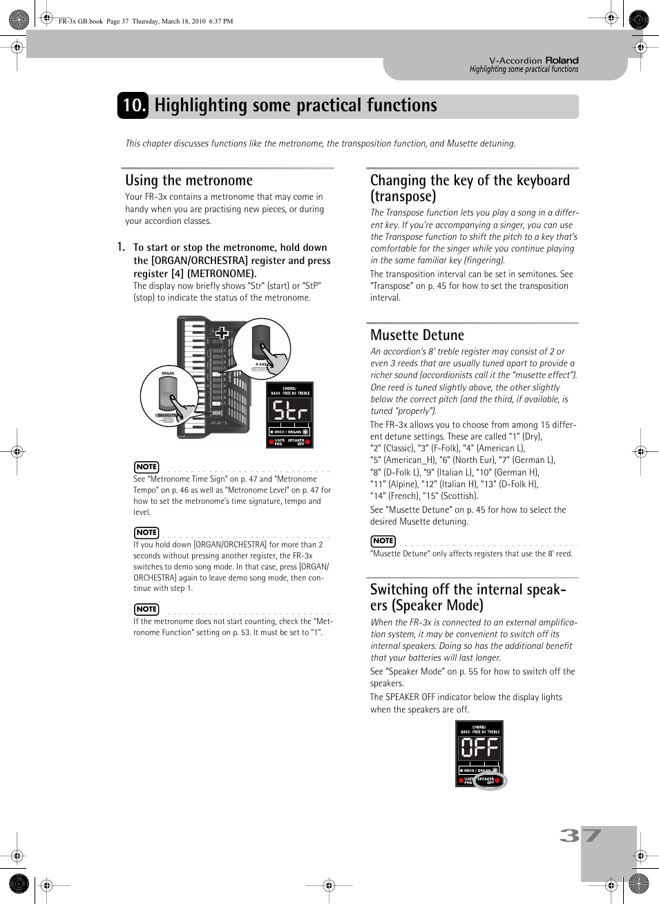 Highlighting some practical functions, Using the metronome, Changing the key of the keyboard (transpose) | Musette detune, Switching off the internal speakers (speaker mode), Str off, 37 10. highlighting some practical functions | Roland FR-3x User Manual | Page 37 / 80